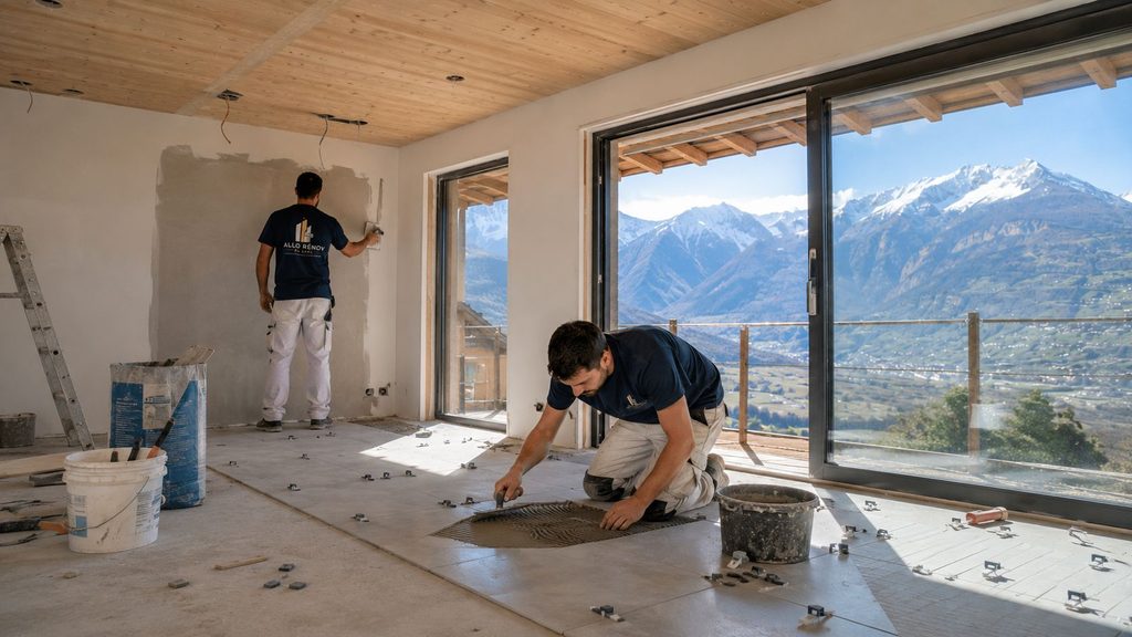 Ouvriers en location de main d'œuvre posant du carrelage sur un chantier en Valais